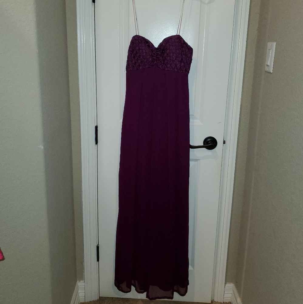 Strapless purple formal gown